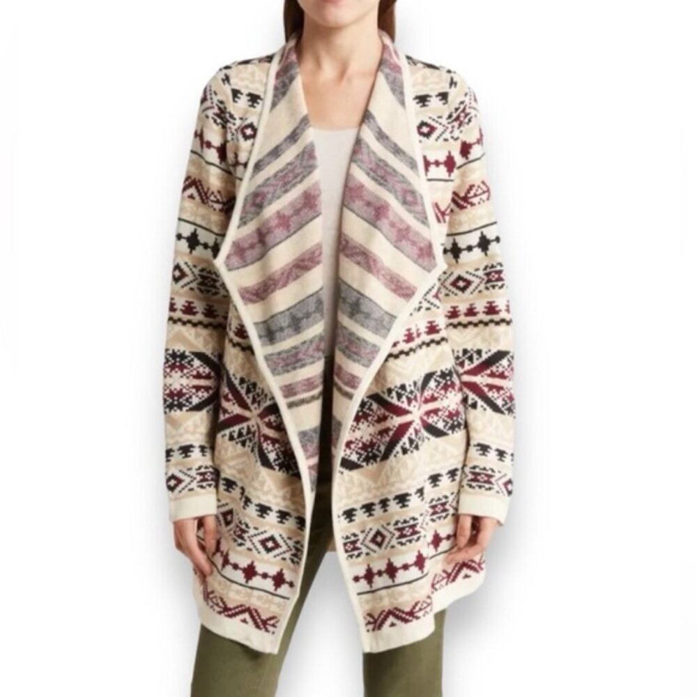 NWT LUCKY BRAND Aztec Jacquard Open Front Long‎ Sleeve Knit Cardigan Size S